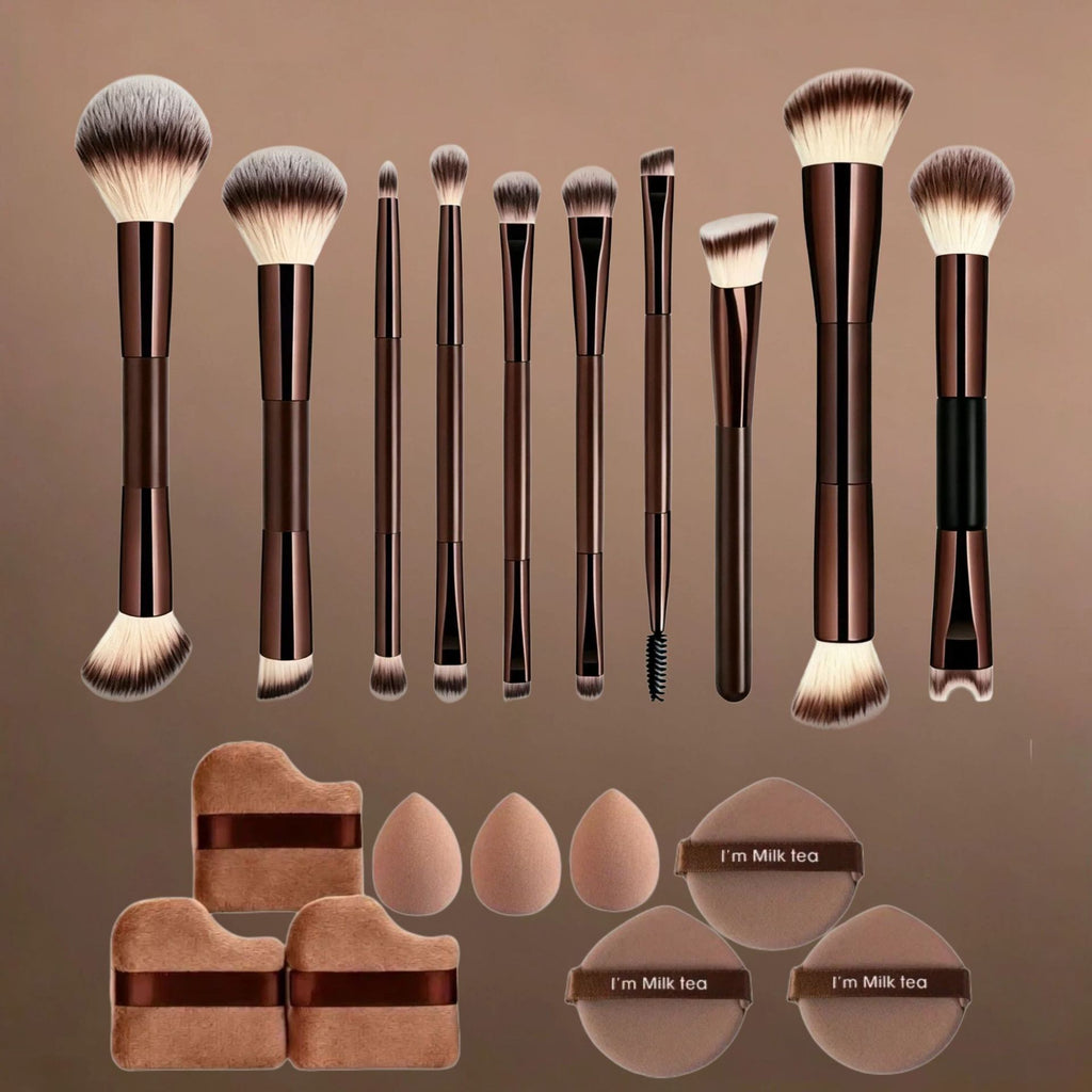 Professional Makeup Brush Set with Beauty Sponges & Powder Puffs, Premium Synthetic Foundation Blush Concealer Contour Brushes, Complete Face & Eye Makeup Tools Kit for Beginners & Daily Use