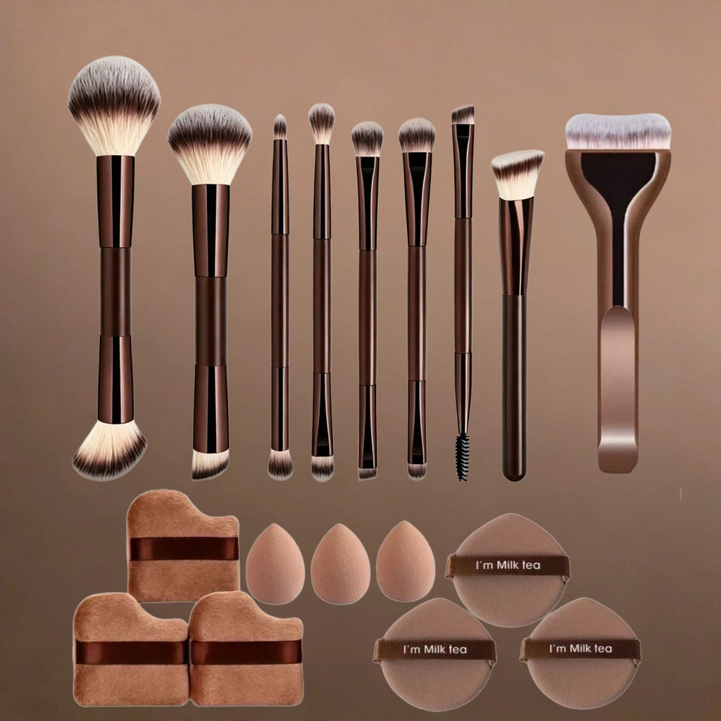 Professional Makeup Brush Set with Beauty Sponges & Powder Puffs, Premium Synthetic Foundation Blush Concealer Contour Brushes, Complete Face & Eye Makeup Tools Kit for Beginners & Daily Use