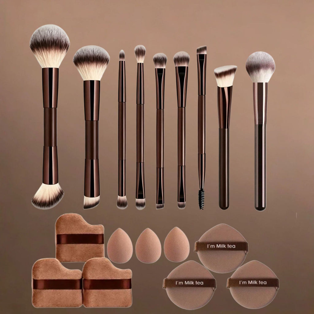 Professional Makeup Brush Set with Beauty Sponges & Powder Puffs, Premium Synthetic Foundation Blush Concealer Contour Brushes, Complete Face & Eye Makeup Tools Kit for Beginners & Daily Use