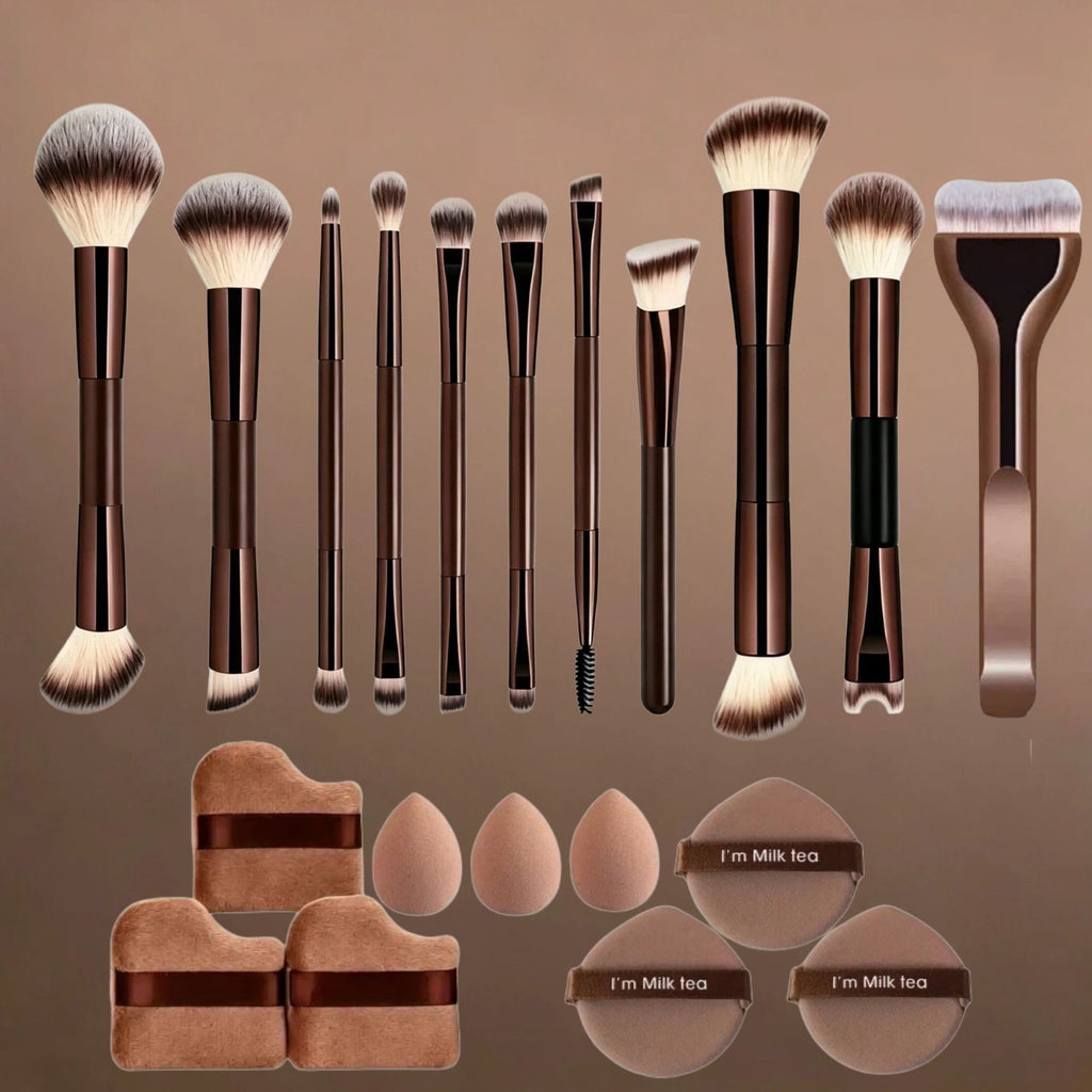 Professional Makeup Brush Set with Beauty Sponges & Powder Puffs, Premium Synthetic Foundation Blush Concealer Contour Brushes, Complete Face & Eye Makeup Tools Kit for Beginners & Daily Use