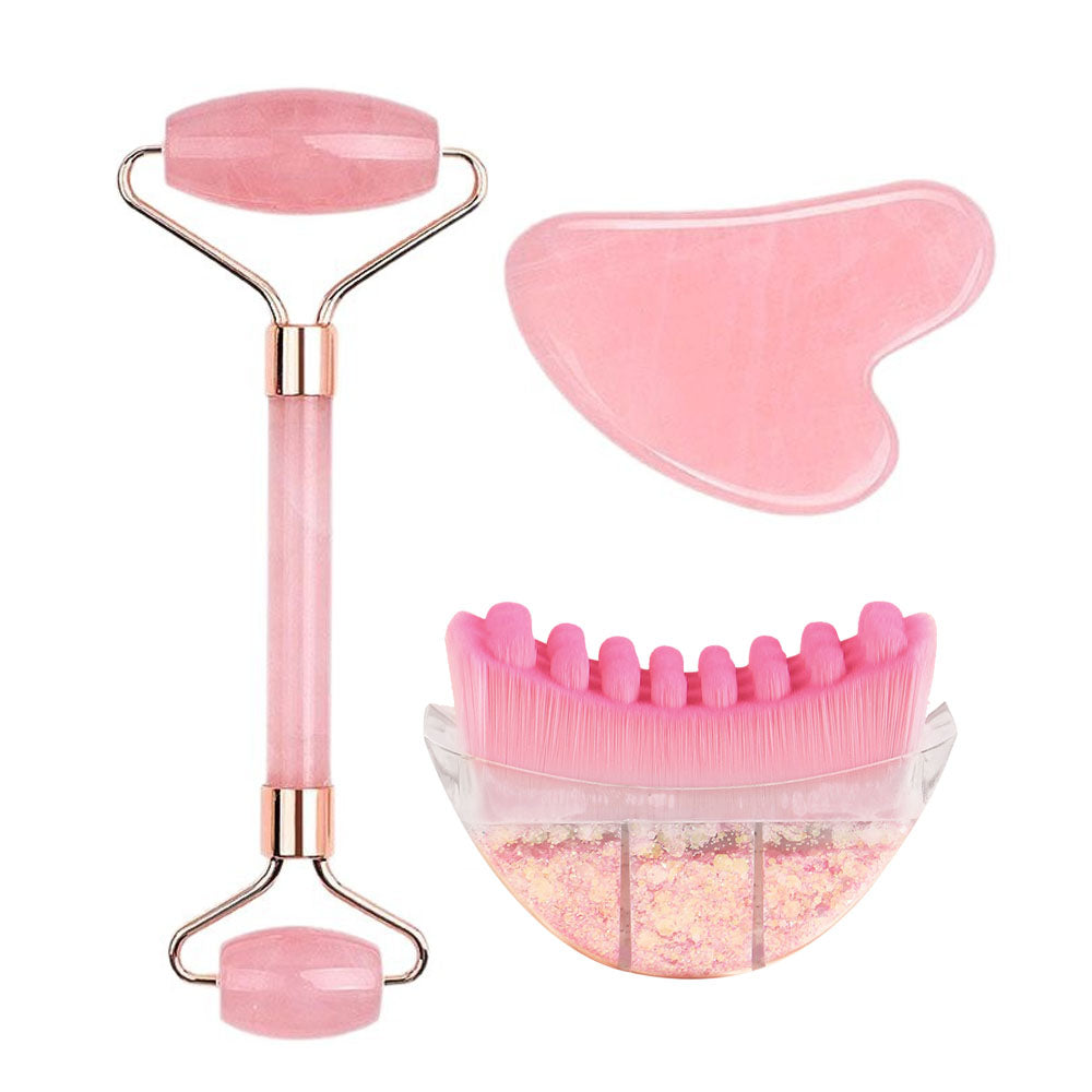Rose Quartz Face Roller & Gua Sha Tool with Facial Massage Brush, 3 in 1 Skin Care Tool Set for Face, Neck, Body Massage, Anti-Aging, Reduce Puffiness, Skincare Gift for Women，3-1