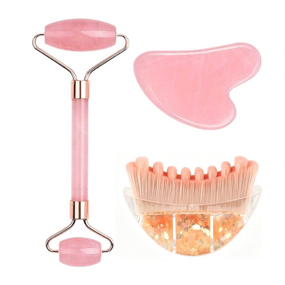 Rose Quartz Face Roller & Gua Sha Tool with Facial Massage Brush, 3 in 1 Skin Care Tool Set for Face, Neck, Body Massage, Anti-Aging, Reduce Puffiness, Skincare Gift for Women，3-1