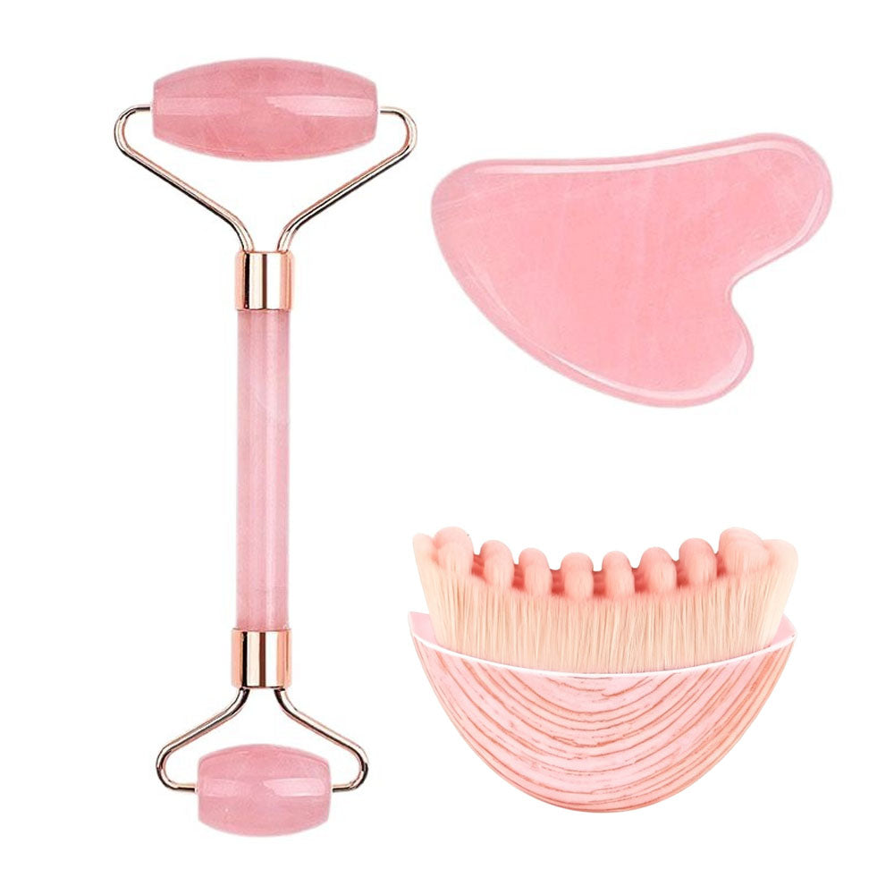 Rose Quartz Face Roller & Gua Sha Tool with Facial Massage Brush, 3 in 1 Skin Care Tool Set for Face, Neck, Body Massage, Anti-Aging, Reduce Puffiness, Skincare Gift for Women，3-1