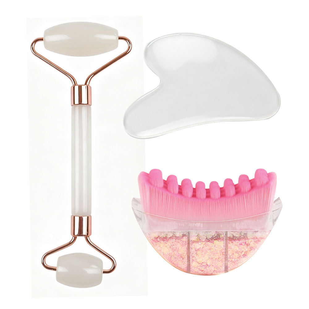 Rose Quartz Face Roller & Gua Sha Tool with Facial Massage Brush, 3 in 1 Skin Care Tool Set for Face, Neck, Body Massage, Anti-Aging, Reduce Puffiness, Skincare Gift for Women，3-1