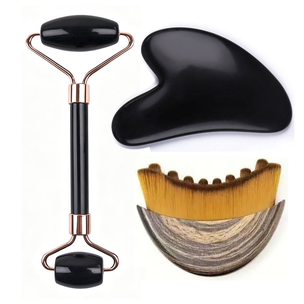 Rose Quartz Face Roller & Gua Sha Tool with Facial Massage Brush, 3 in 1 Skin Care Tool Set for Face, Neck, Body Massage, Anti-Aging, Reduce Puffiness, Skincare Gift for Women，3-1