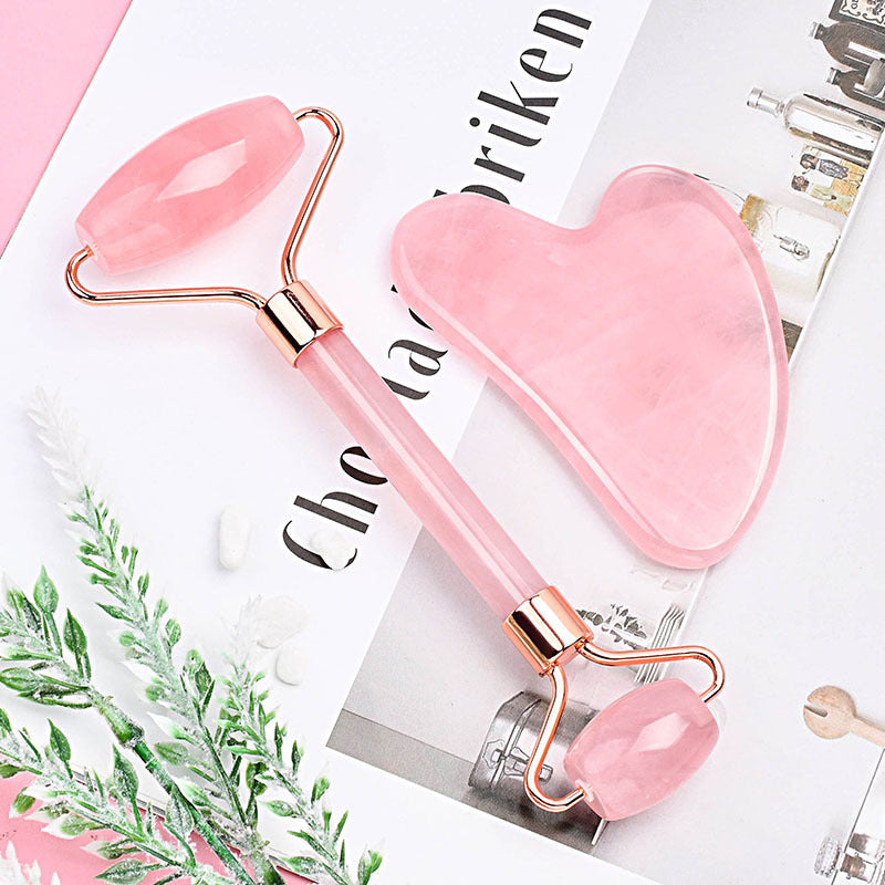 Rose Quartz Face Roller & Gua Sha Tool with Facial Massage Brush, 3 in 1 Skin Care Tool Set for Face, Neck, Body Massage, Anti-Aging, Reduce Puffiness, Skincare Gift for Women，3-1