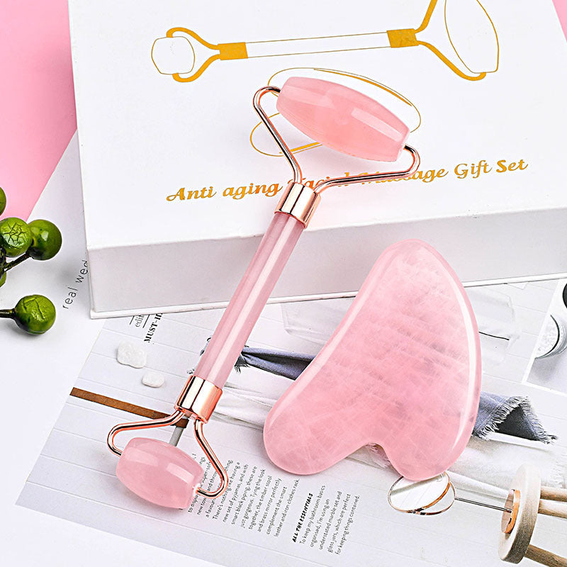 Rose Quartz Face Roller & Gua Sha Tool with Facial Massage Brush, 3 in 1 Skin Care Tool Set for Face, Neck, Body Massage, Anti-Aging, Reduce Puffiness, Skincare Gift for Women，3-1