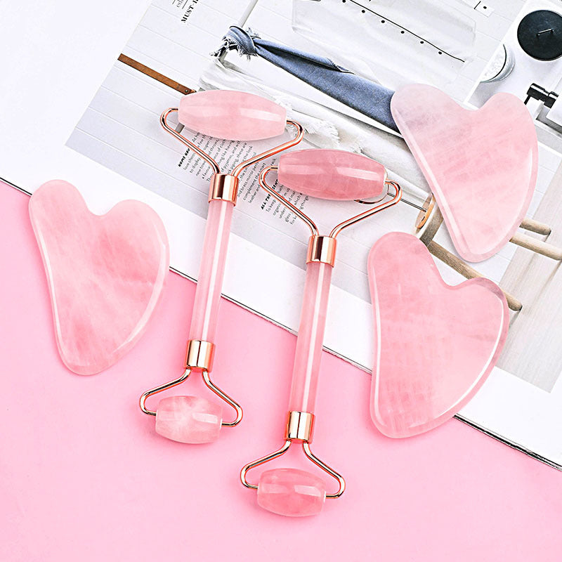 Rose Quartz Face Roller & Gua Sha Tool with Facial Massage Brush, 3 in 1 Skin Care Tool Set for Face, Neck, Body Massage, Anti-Aging, Reduce Puffiness, Skincare Gift for Women，3-1